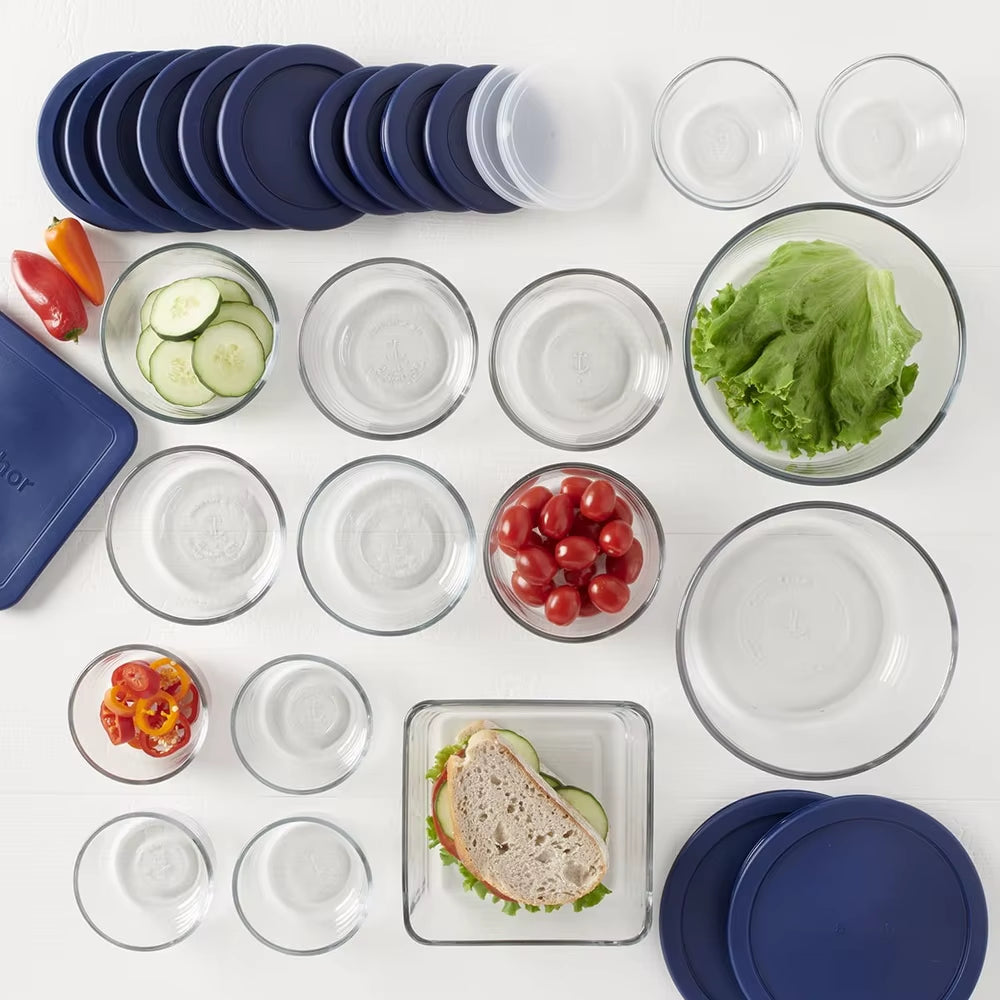 Clear Glass Food Storage Container Set 30 Pieces with Navy Airtight Lids Microwave Dishwasher Safe Ideal Kitchen Organization
