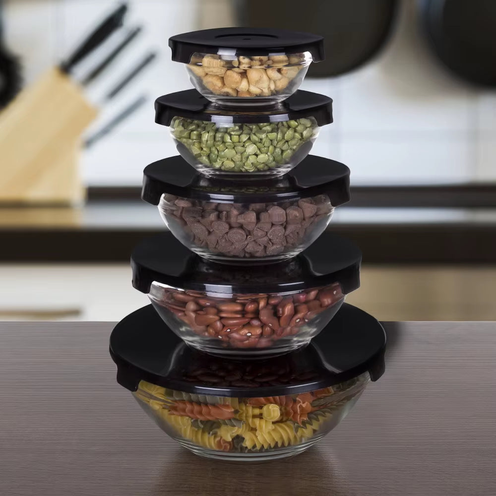 Glass Food Storage Containers with Snap Lids- 10 Piece Set by Black)