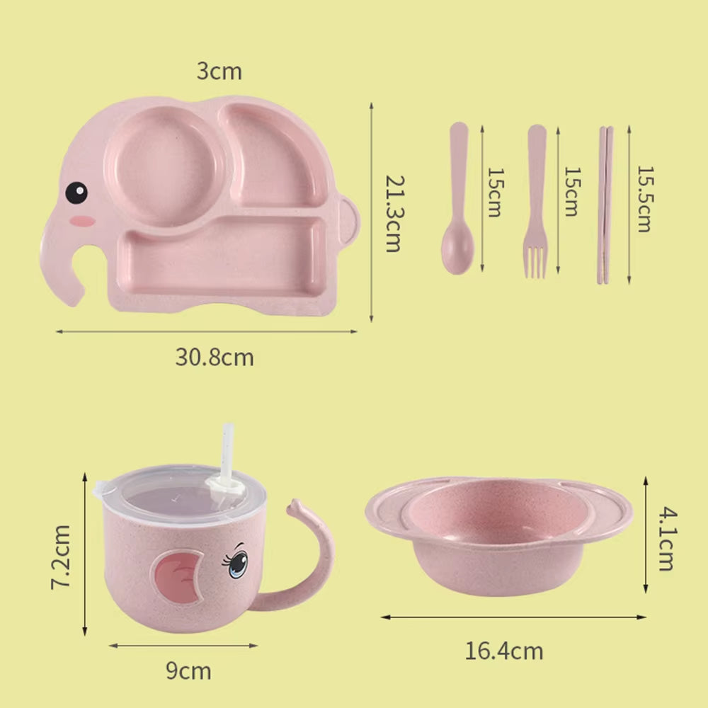 6PCS Children Baby Cutlery Set, Elephant Cartoon Plate, Children'S Cutlery, Heat Training Cutlery, Bowl, Cup, Spoon, Fork