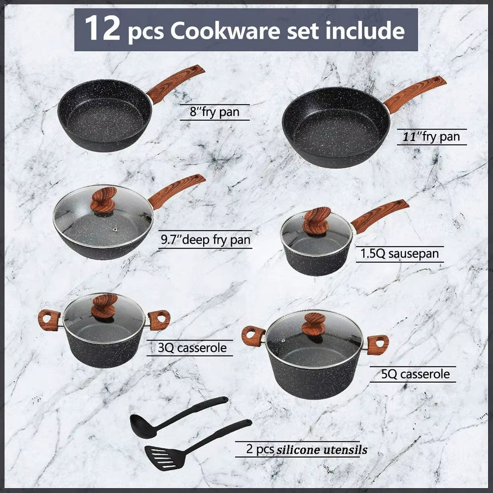12 Pieces Kitchen Pots & Pans Set Nonstick Cookware Set Granite Coated W/ Lid