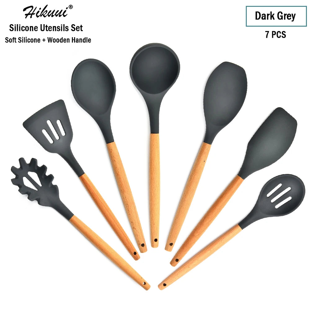 Silicone Cooking Utensil Set Wooden Handle Spatula Soup Spoon Brush Ladle Pasta Colander Non-Stick Silic Cookware Kitchen Tools