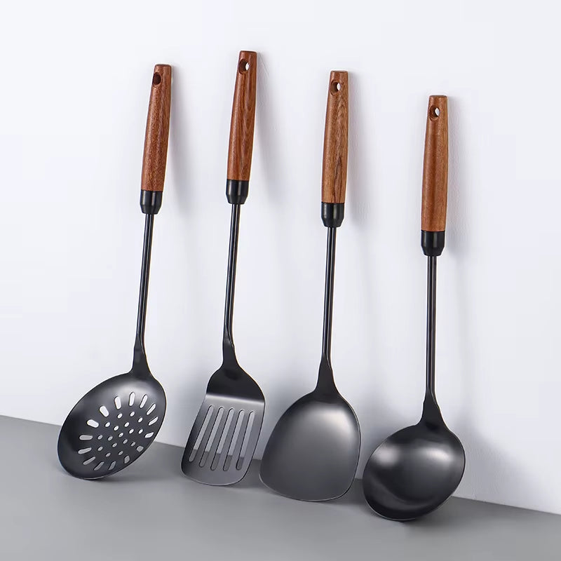 Stainless Steel Kitchen Utensils Sabli Wooden Handle Spatula Black Spatula Soup Spoon Leaking Spatula Golden Kitchen Utensils