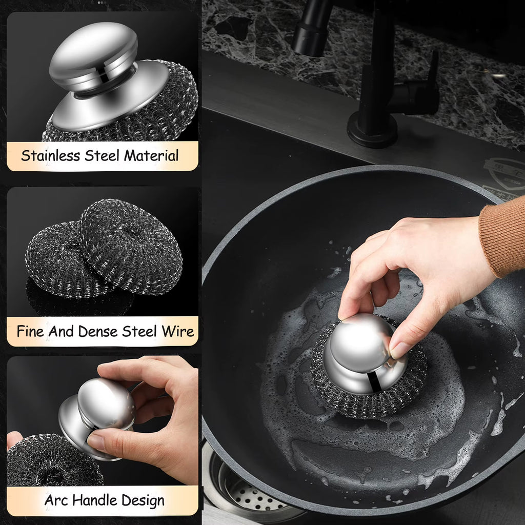 Steel Wool Scrubber with Handle Stainless Steel Cleaning Brushes Cleaning Dishes Stock Pots Pans Griddles Grills