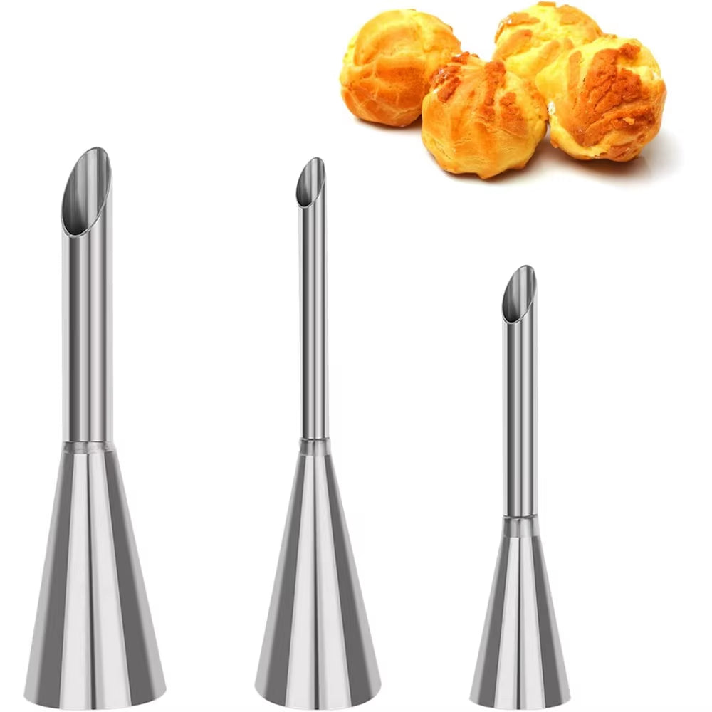 3-Piece Set of Stainless Steel Puff Mouth Cake Puff Cream Syringe Milker Long Tip Design Baking Kitchen Tool Baking Set Nozzle S