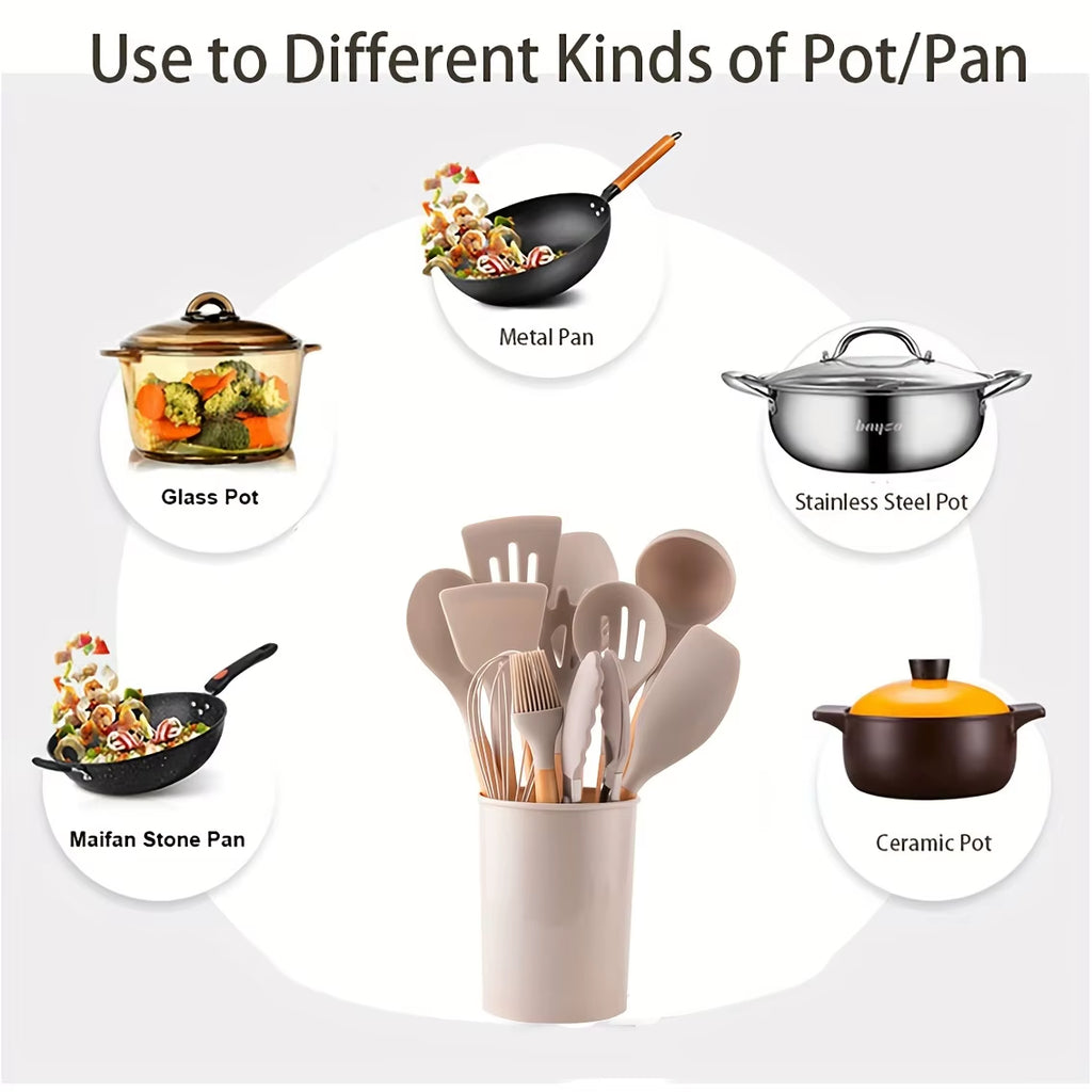 12 Piece Silicone Cooking Kitchen Utensils Set - Heat Resistant Wooden Handle Kitchen Utensils for Non-Stick Cookware