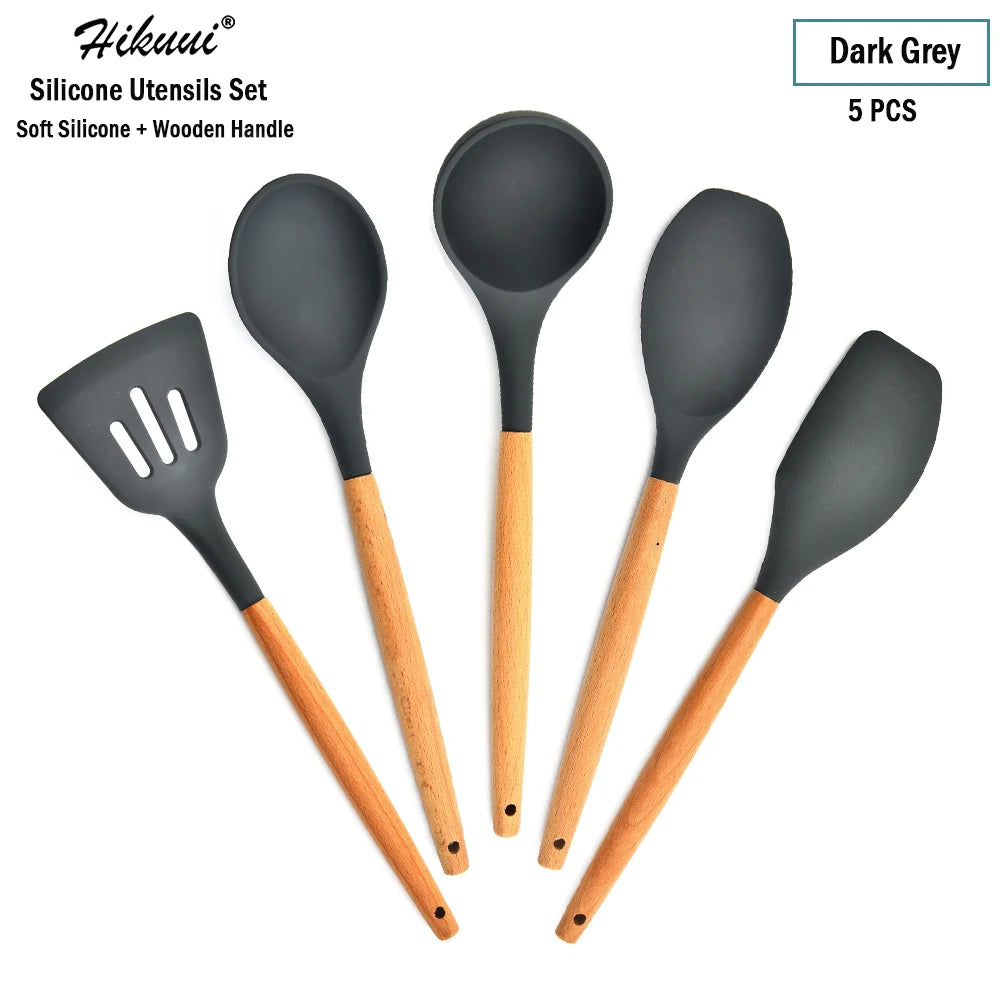 Silicone Cooking Utensil Set Wooden Handle Spatula Soup Spoon Brush Ladle Pasta Colander Non-Stick Silic Cookware Kitchen Tools
