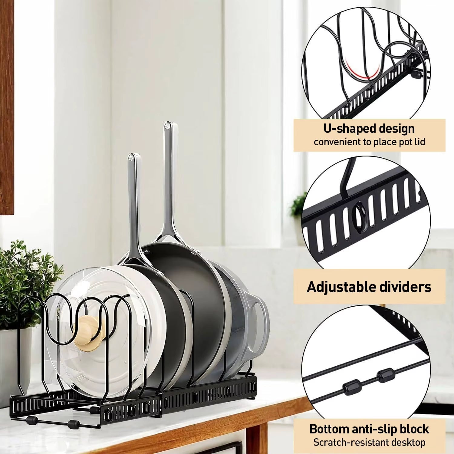 Pots and Pans Organizer,Expandable Pot Lid Holder 10 Adjustable Compartment Rack for under Cabinet