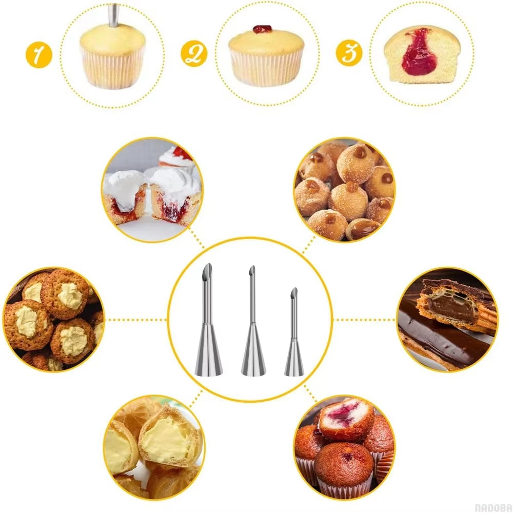 3-Piece Set of Stainless Steel Puff Mouth Cake Puff Cream Syringe Milker Long Tip Design Baking Kitchen Tool Baking Set Nozzle S