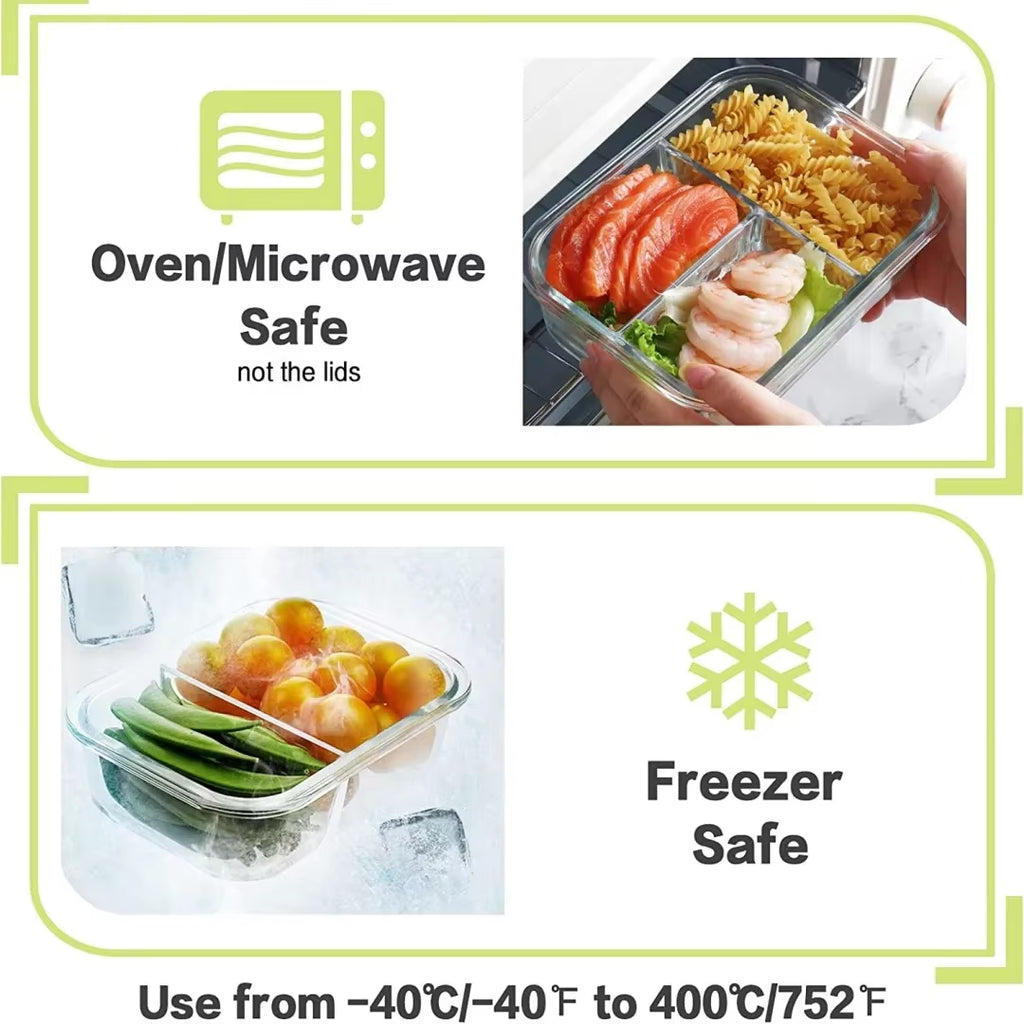 1040ML Multi-Grid Glass Lunch Box Meal Prep Containers Glass Food Storage Containers with Lids Kitchen Storage & Organization