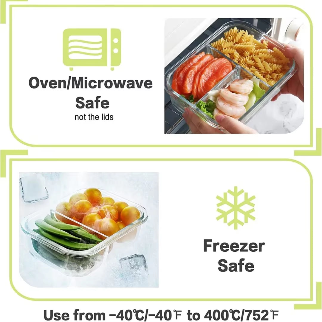 1040ML Multi-Grid Glass Lunch Box Meal Prep Containers Glass Food Storage Containers with Lids Kitchen Storage & Organization