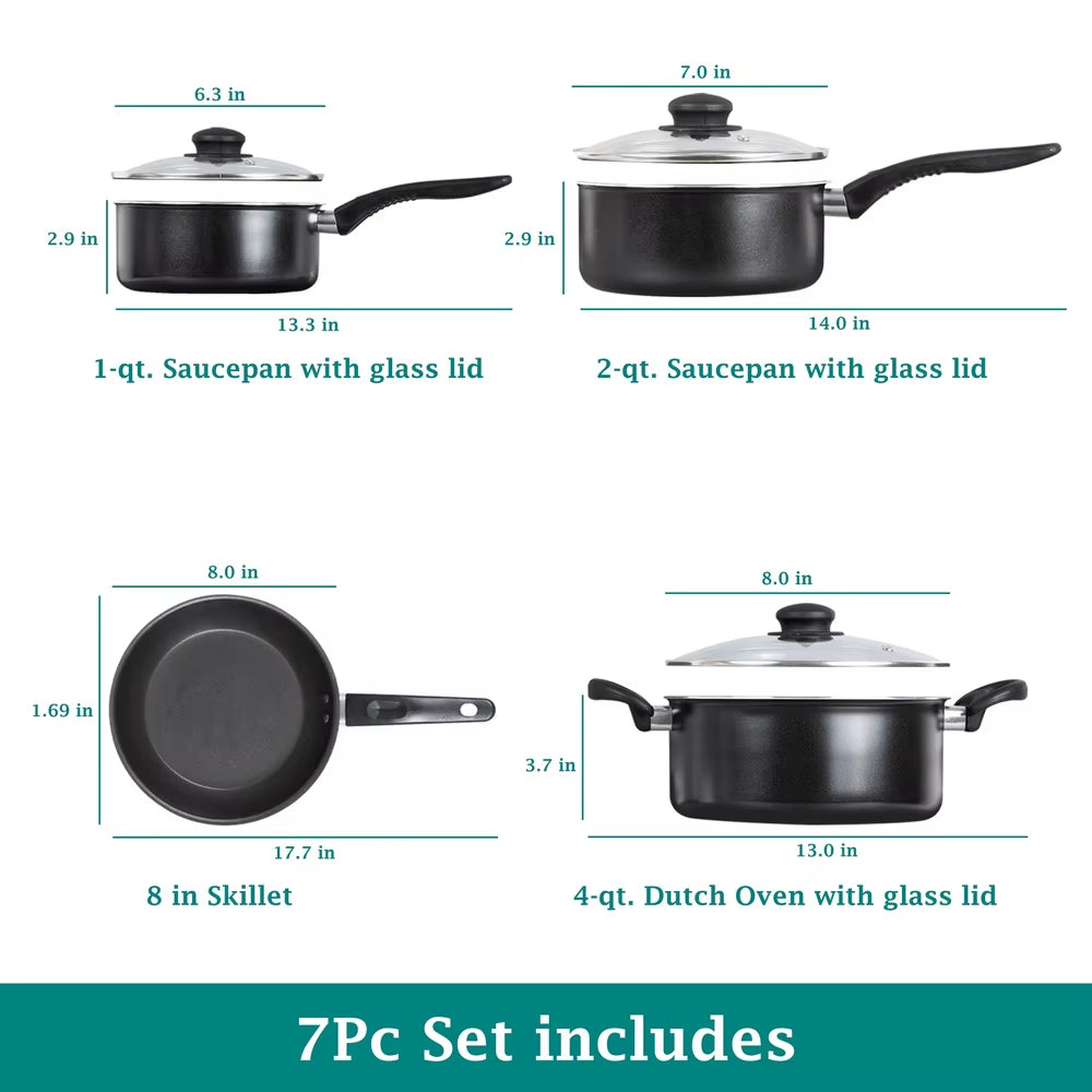 7 Piece Non Stick Aluminium Cookware Set Dishwasher Safe Lightweight Durable Easy Cleanup Kitchen Cooking Essentials