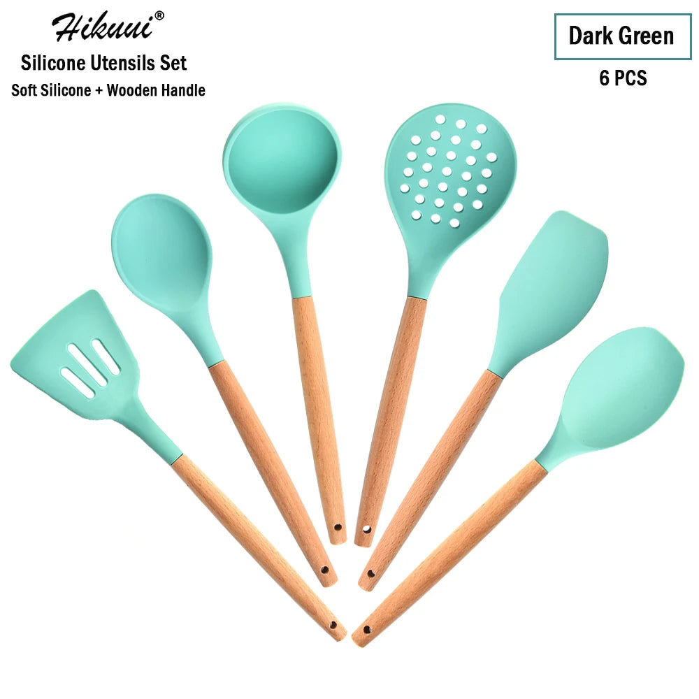 Silicone Cooking Utensil Set Wooden Handle Spatula Soup Spoon Brush Ladle Pasta Colander Non-Stick Silic Cookware Kitchen Tools