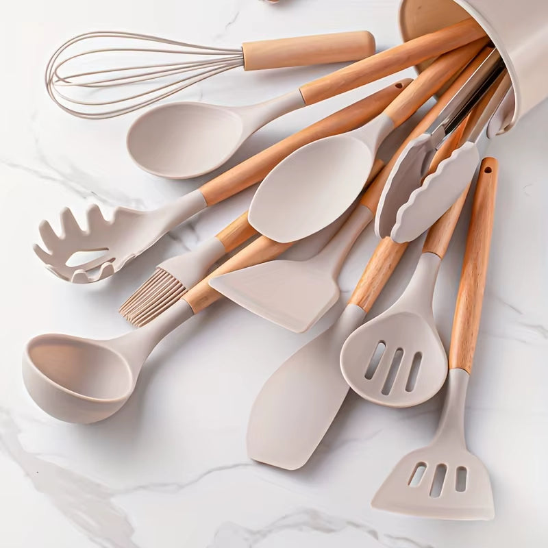 12 Piece Silicone Cooking Kitchen Utensils Set - Heat Resistant Wooden Handle Kitchen Utensils for Non-Stick Cookware