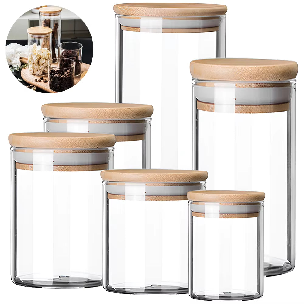 5Pc 300/550/950Ml Glass Food Storage Containers with Wooden Lid Kitchen Sealed Jar Food Storage Multigrain Tank Bottle