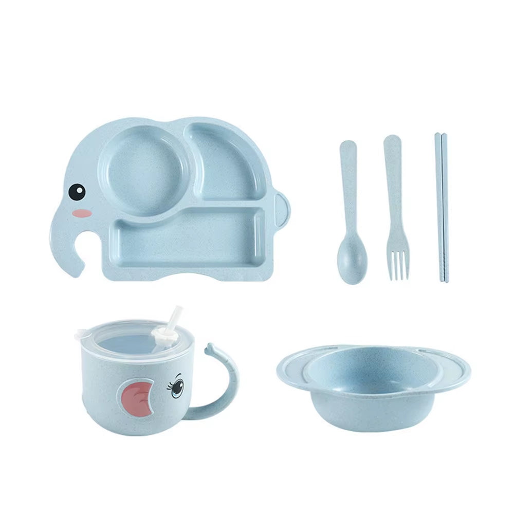 6PCS Children Baby Cutlery Set, Elephant Cartoon Plate, Children'S Cutlery, Heat Training Cutlery, Bowl, Cup, Spoon, Fork