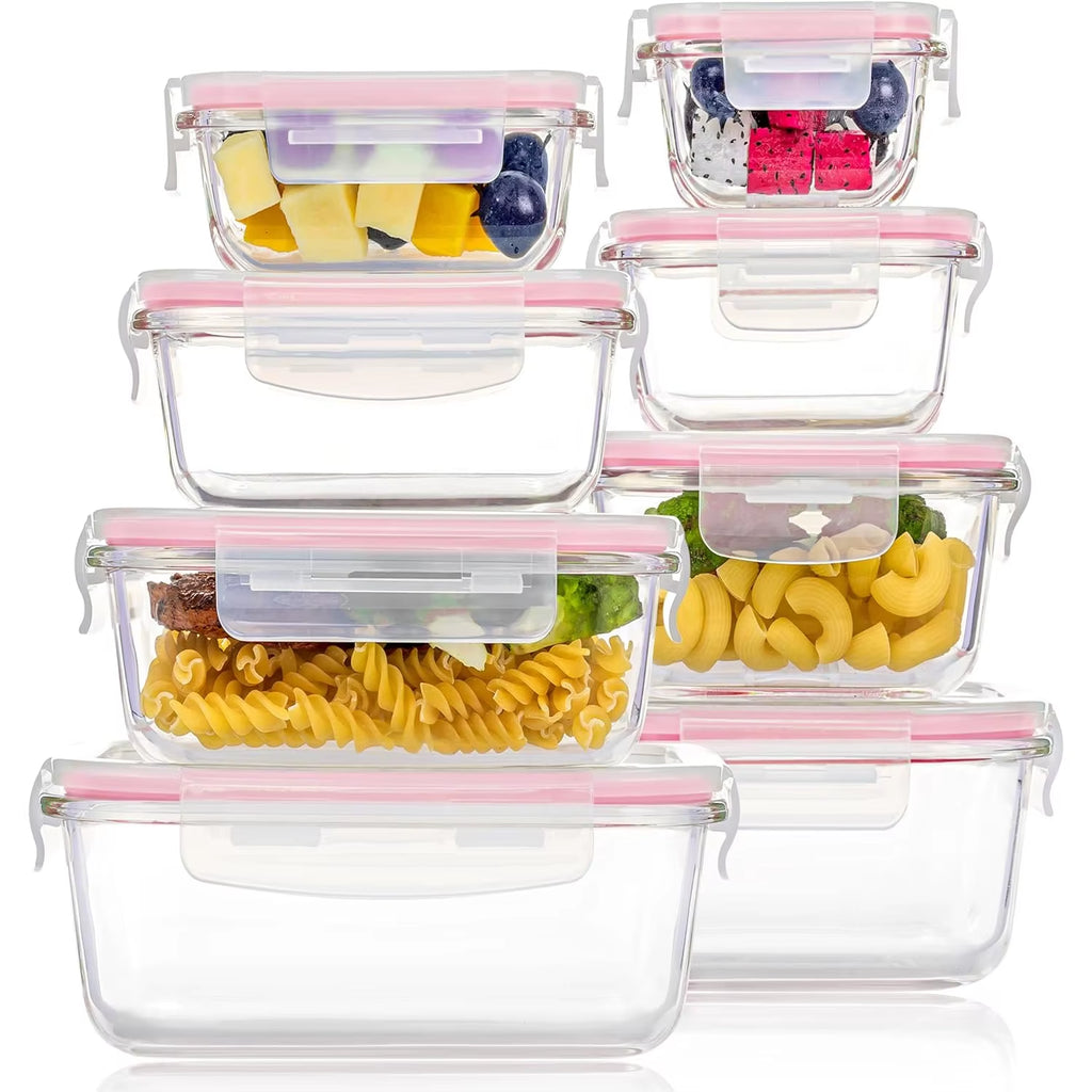 8 Pack Glass Food Storage Containers with Lids (Pink)