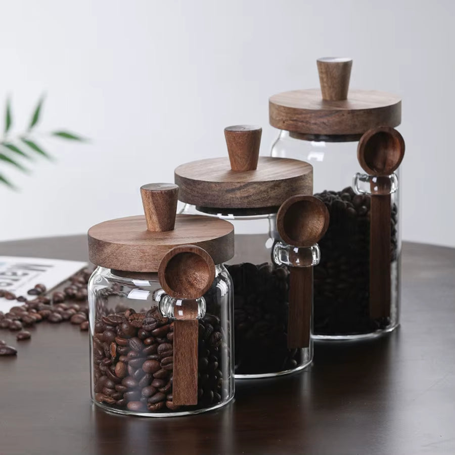 Glass Food Storage Containers with Wooden Lids and Scoop Glass Sealed Jar Airtight Food Storage Jar for Sugar Coffee Bean Candy