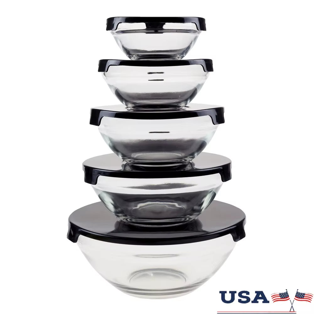 Glass Food Storage Containers with Snap Lids- 10 Piece Set by Black)
