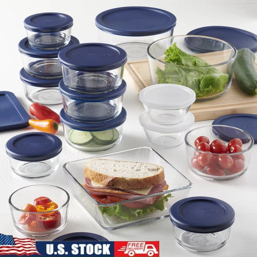 Clear Glass Food Storage Container Set 30 Pieces with Navy Airtight Lids Microwave Dishwasher Safe Ideal Kitchen Organization